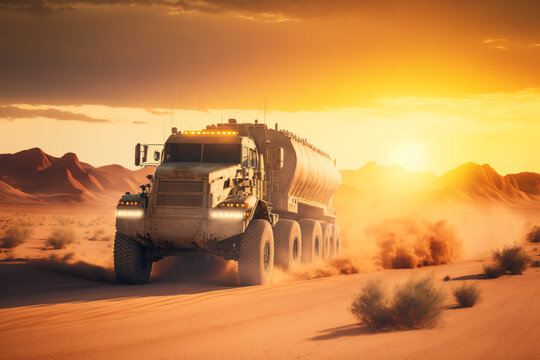 military truck driving on the desert road at sunset,fictional car made with generative ai