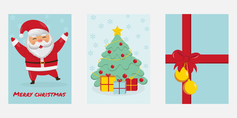 New Year's cards with Santa Claus, a Christmas tree and a bow