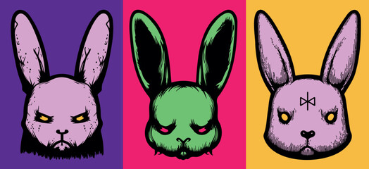A set of portraits of evil bunnies in the style of pop art