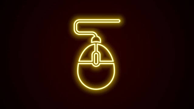 Glowing neon line Computer mouse gaming icon isolated on black background. Optical with wheel symbol. 4K Video motion graphic animation