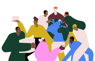 NGO and volunteers. Non-governmental, nonprofit organizations work concept. Humanitarian aid, donation, international support and solidarity. Flat vector illustration isolated on white background