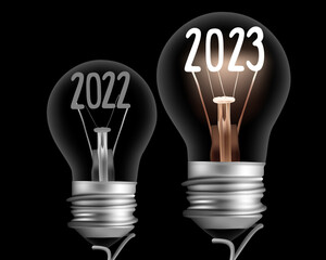 Vector Illustration of light bulb group with fiber in a shape of 2023 and dark light bulb with 2022 isolated on black background. New Year concept.