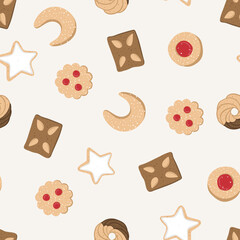 Cute hand drawn traditional Austrian and German Christmas cookies, seamless pattern, great for textiles, napinks, table cloth, wrapping - vector design