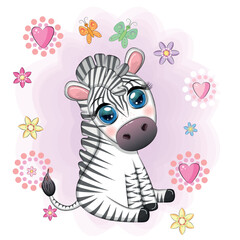 Cute cartoon zebra sits in flowers. Childish striped character, African animals