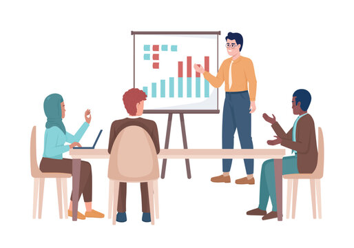 Manager doing presentation for partners semi flat color vector characters. Editable figures. Full body people on white. Business simple cartoon style illustration for web graphic design and animation
