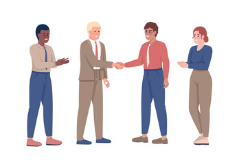 Fototapeta premium Business deal celebration semi flat color vector characters. Editable figures. Full body people on white. Teamwork simple cartoon style illustration for web graphic design and animation