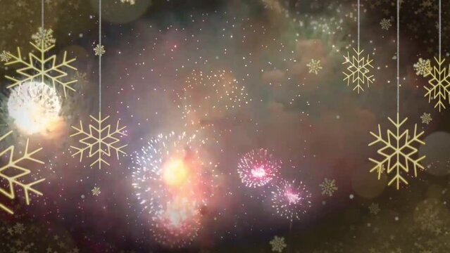 Realistic red firework background with white snowflakes sparkle for design christmas or new year template.
