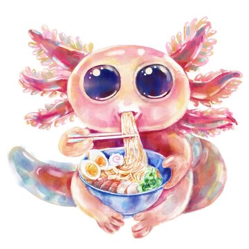 Cute axolotl eating ramen,, watercolor digital illustration