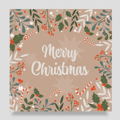 Christmas and New Year 2023 greeting card with leaves, flowers and canes. Vector illustration concept. Xmas template with typography and season wishes in modern style for web, social media, print