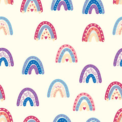 Rainbow seamless pattern in pastel colors. Scandinavian baby hand drawn illustration for textiles and newborn clothes.