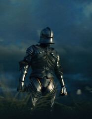 Fototapeta premium Historic knight stands between tall grass in highlands under a cloudy sky. 3D render.