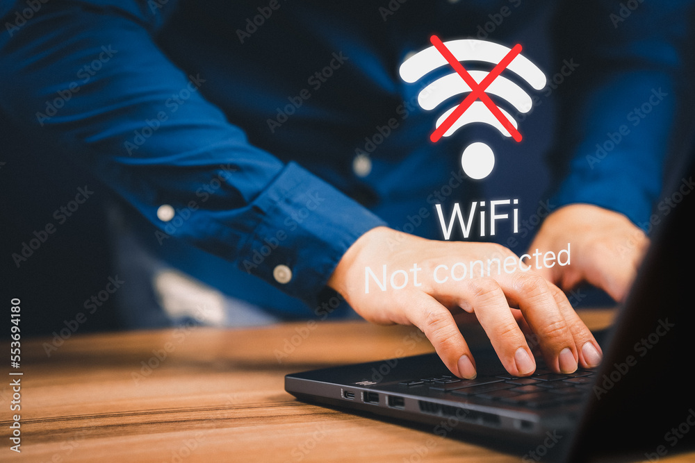 Poster Man using a computer laptop to connect to wifi but wifi not connected, and waiting to loading digital business data form website, concept technology of waiting for connect to wifi.