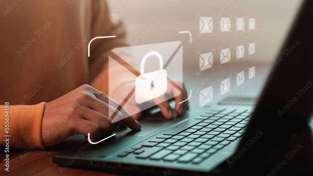 Poster Freelancer's hand using computer laptop and sending online message with email icon, email marketing concept, send email or newsletter, internet network working online.