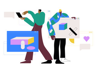 Database development, administration concept. Software engineers work with big data.  Flat graphic vector illustration isolated on white background