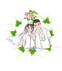 Wedding couple.Bride and groom smiling pair , Doctor and nurse with flowers isolate on white background. For wedding card.