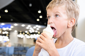 Portrait of a small hungry funny boy eating cold delicious ice cream in a waffle cup sitting in a...