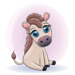 Cute donkey in flowers, with balloons, spring theme. Postcard for the holiday.