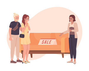 Discount on couch 2D vector isolated illustration. Furniture store. Couple flat characters on cartoon background. Colorful editable scene for mobile, website, presentation. Bebas Neue font used