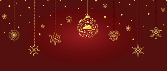 New Years 2023 banner with golden christmas tree ornament with bunny pine tree branches holly berry botanical elements. Hanging snowflakes on string on dark red background. Copy space