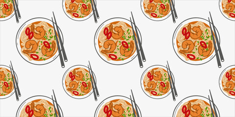 Seamless pattern with Chinese soup with shrimp and noodles. View from above
