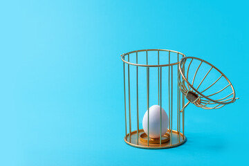 A cage with an egg inside on a blue background. The concept of slavery from birth. The concept of...
