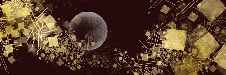 中秋の名月が輝く漆黒の夜空と平安絵画風金箔雲と金銀砂子が舞う優美なワイドサイズ背景イラスト