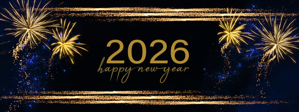 2026 Happy New Year holiday Greeting Card banner - Golden year, glitter stripes and firework fireworks pyrotechnics on black night texture background