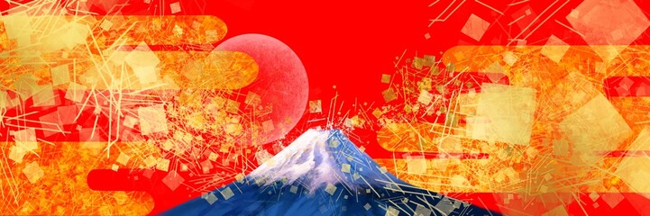 平安絵画風の金箔雲と美しい富士山と金箔、金粉、砂子の舞う日本画風背景ワイドサイズイラストと赤背景