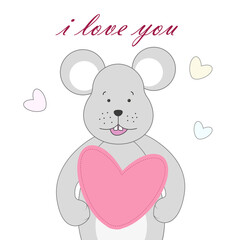 A very tender card for Valentine's Day or birthday with a mouse with a heart in its paws and the inscription "I love you"