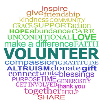 Join a the circle of volunteers word cloud theme -  circular word cloud in rainbow colours on white background ideal for promoting and recruiting new volunteers
