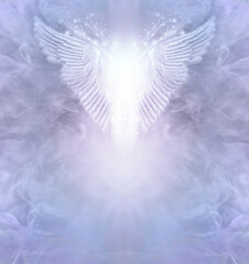 Beautiful Lilac Angel Healing Therapy Award Diploma Certificate Announcement Background Template - pair of wings with bright white light between on wispy lilac blue background and space for text 
