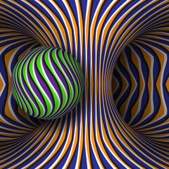 Moving torus of colored wavy striped pattern with rotating sphere. Vector hypnotic optical illusion illustration.