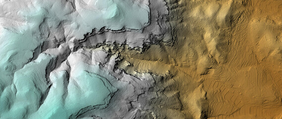 Concept de fond - Erosion - Vue aérienne de paysage vallonné territoire montagneux - Rendu 2d modèle numérique de terrain avec colorisation hypsométrique - obrazy, fototapety, plakaty