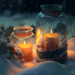 Two candles burning inside glass bottles in the snow, Christmas theme