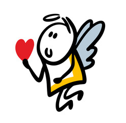 A cute angel with wings and a halo holds a red heart in his hands.