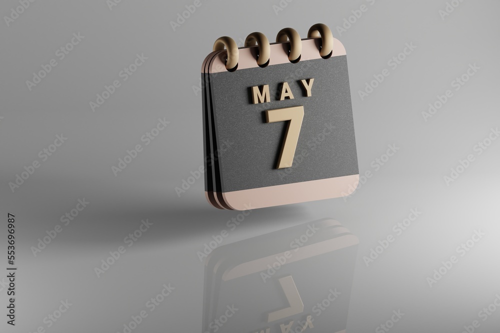 Poster Standing black and golden month lined desk calendar with date May 7. Modern design with golden elements, 3d rendering illustration. White ceramic reflection background...