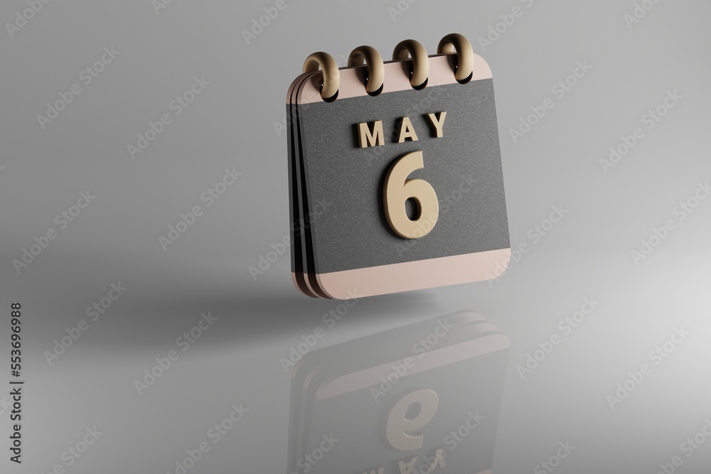Poster Standing black and golden month lined desk calendar with date May 6. Modern design with golden elements, 3d rendering illustration. White ceramic reflection background...