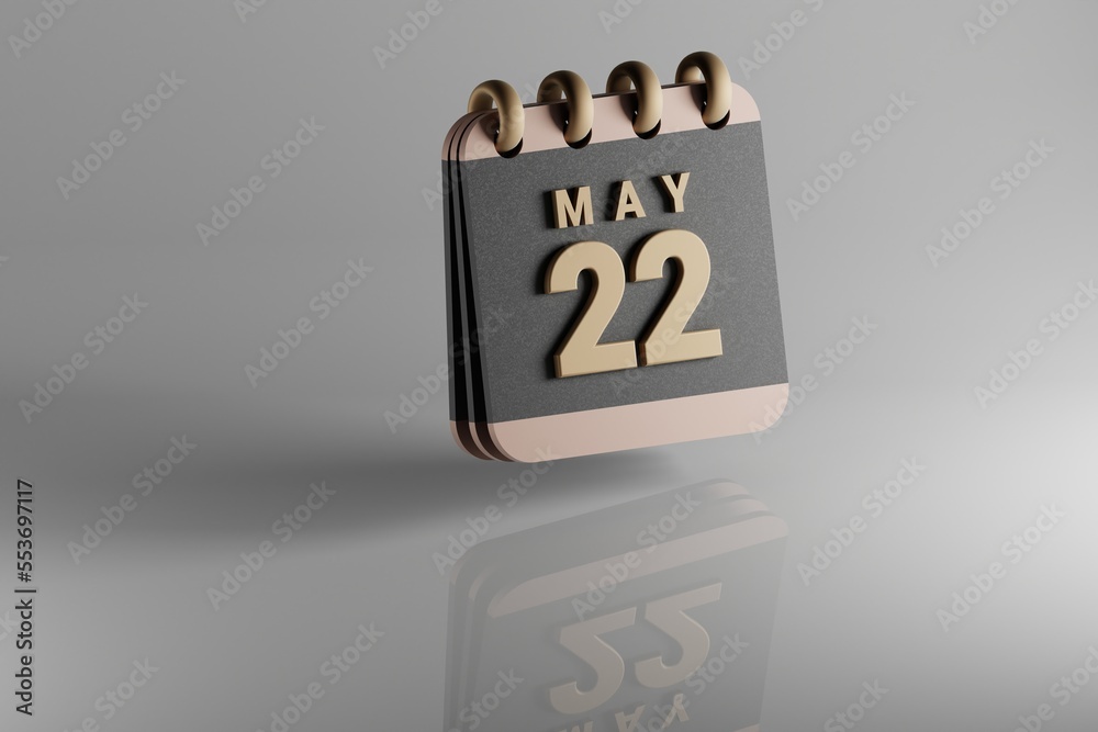 Poster Standing black and golden month lined desk calendar with date May 22. Modern design with golden elements, 3d rendering illustration. White ceramic reflection background...