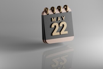 Standing black and golden month lined desk calendar with date May 22. Modern design with golden elements, 3d rendering illustration. White ceramic reflection background...