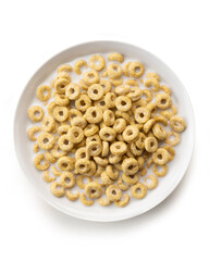 bowl of sweet corn rings with milk isolated on white background, top view