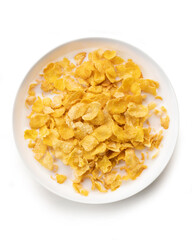 bowl of sweet cornflakes with milk isolated on white background, top view