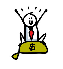 A happy businessman is sitting on a bag of money and celebrating a victory.