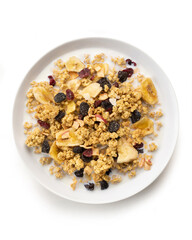 bowl of sweet cereal with berry fruit with milk, isolated on white background, top view