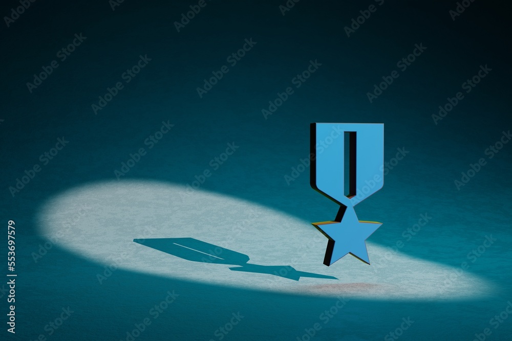 Poster beautiful abstract illustrations blue medal badge symbol icon on a dark blue background. 3d renderin