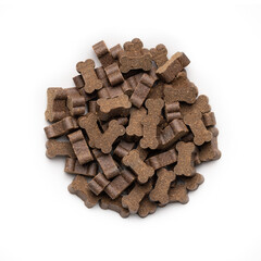 Snack Dog biscuits, dog snacks, dog food, HQ Macro Close-Up Top View, isolated on white background
