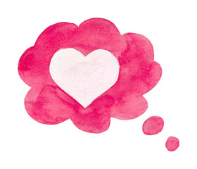 Watercolor illustration of a pink heart in the cloud. Words of love.