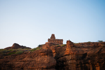 Fototapeta na wymiar Ancient shiva temple(upper Shivalaya) on the top of rocky hills at Badami,Karnataka,India