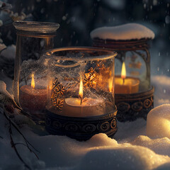 Three candles burning inside decorative containers in the snow, Christmas theme
