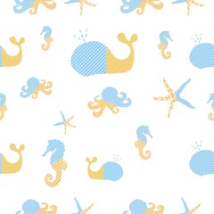 Marine animals , wale , starfish , octopus, seahorse isolated on white background, seamless pattern for textile industry, paper, background, scrapbooking , fabric