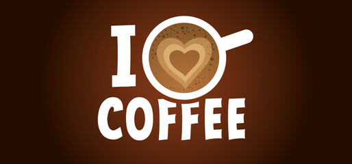 Cartoon slogan i love coffee. Coffee break or coffee time. Drawing coffee up. Coffee time. Vector quote icon or logo. Love, heart doodle. Shining heart aroma. 